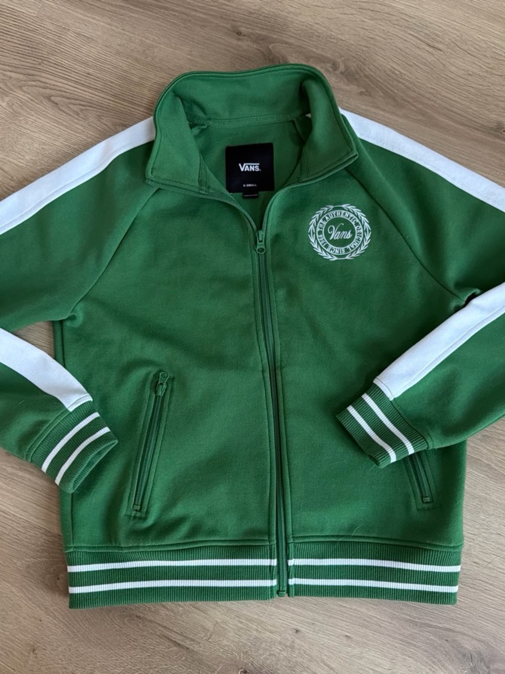 Vans Men's Green Track Jacket with White Stripe Detail